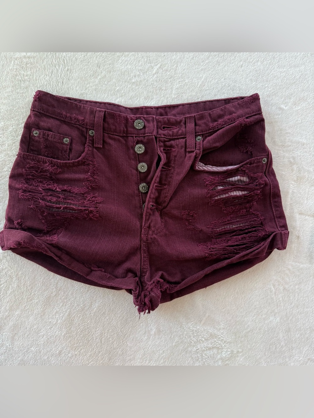 Carmar Distressed High-Rise Jean Shorts in Burgundy
